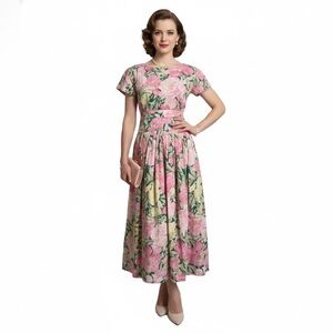 Vintage Floral Pink Midi Dress with Green Leaf Print